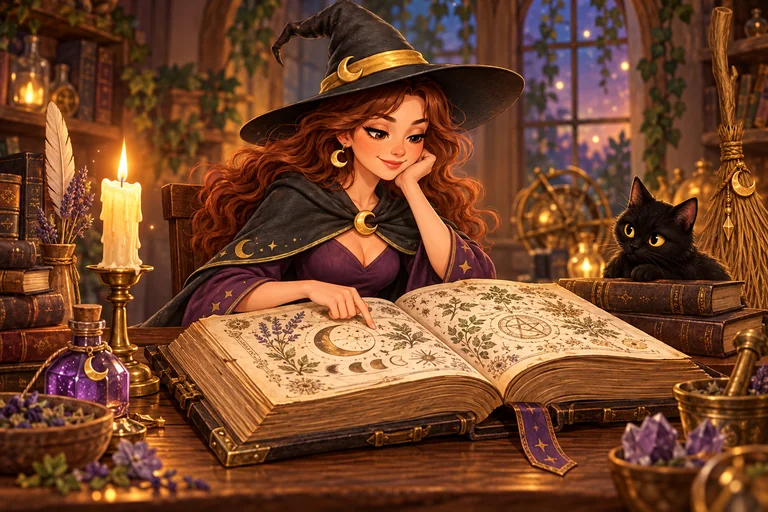 Brujita consultando un gran libro de brujería sobre una mesa