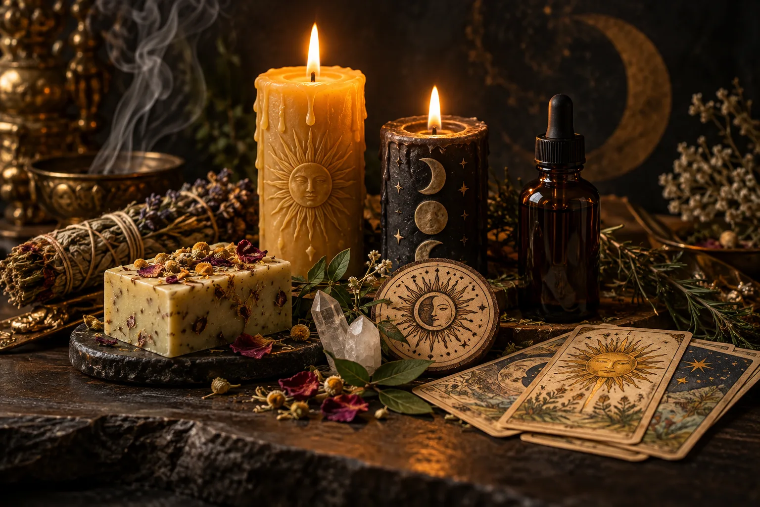 Composición artesanal con velas, jabón botánico, tintura, hierbas y piezas esotéricas