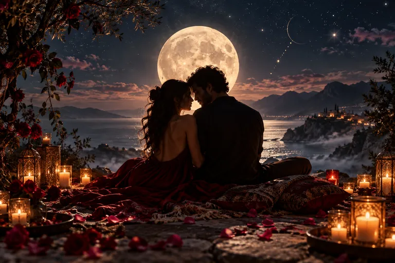 Pareja bajo la luna rodeada de velas y rosas en una escena nocturna