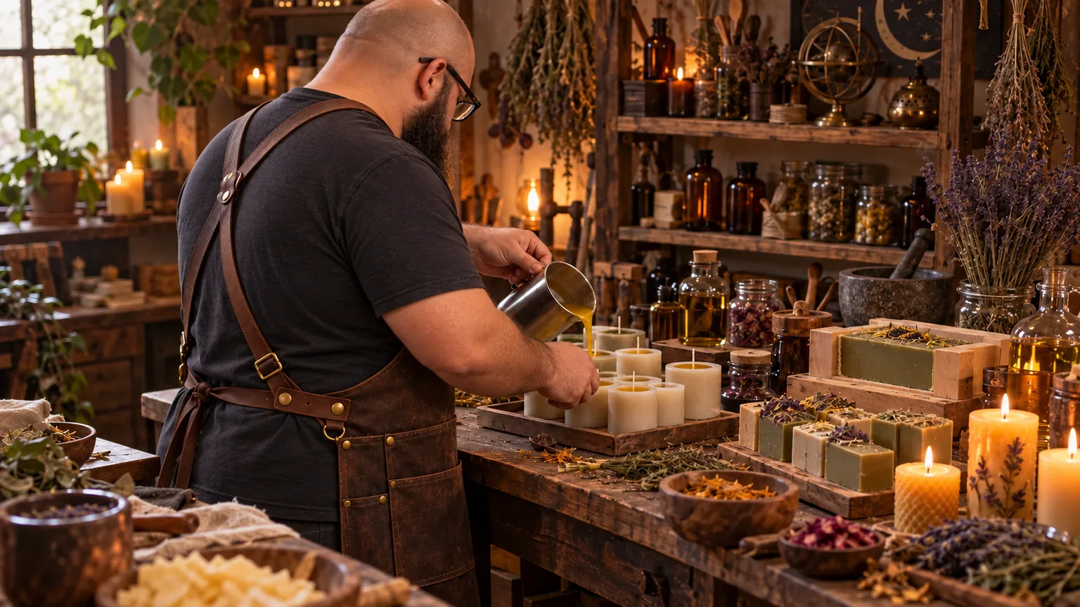Artesano trabajando de espaldas en una mesa con velas, jabones, hierbas y utensilios