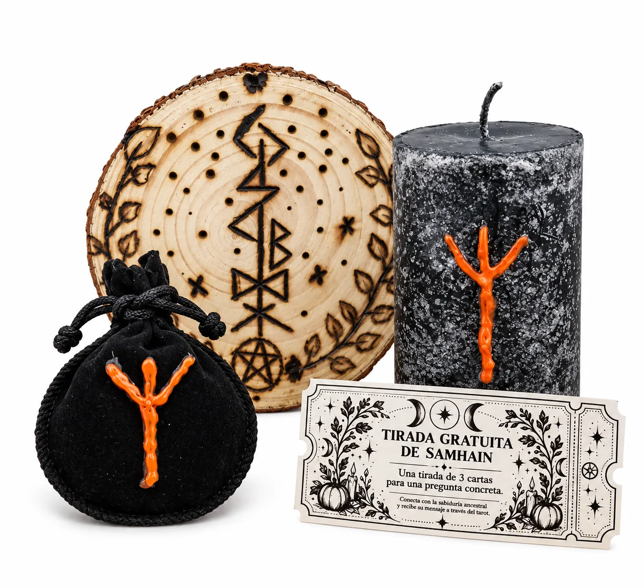 Conjunto ritual de Samhain con velón, bolsa y pieza pirograbada